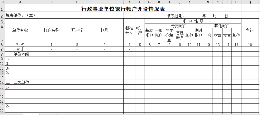 行政事业单位银行帐户开设情况表