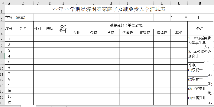 经济困难家庭子女减免费入学汇总表